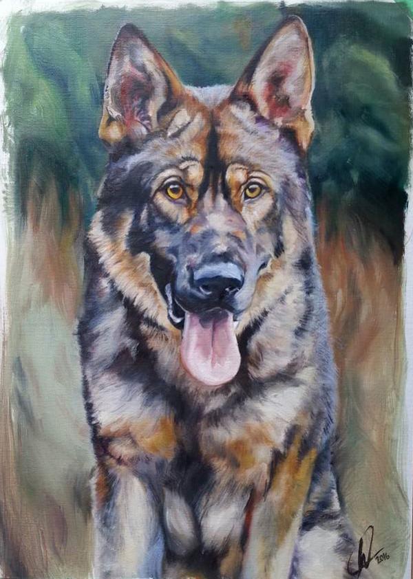 Gazza the police dog by Emily Wood. Oil on paper.